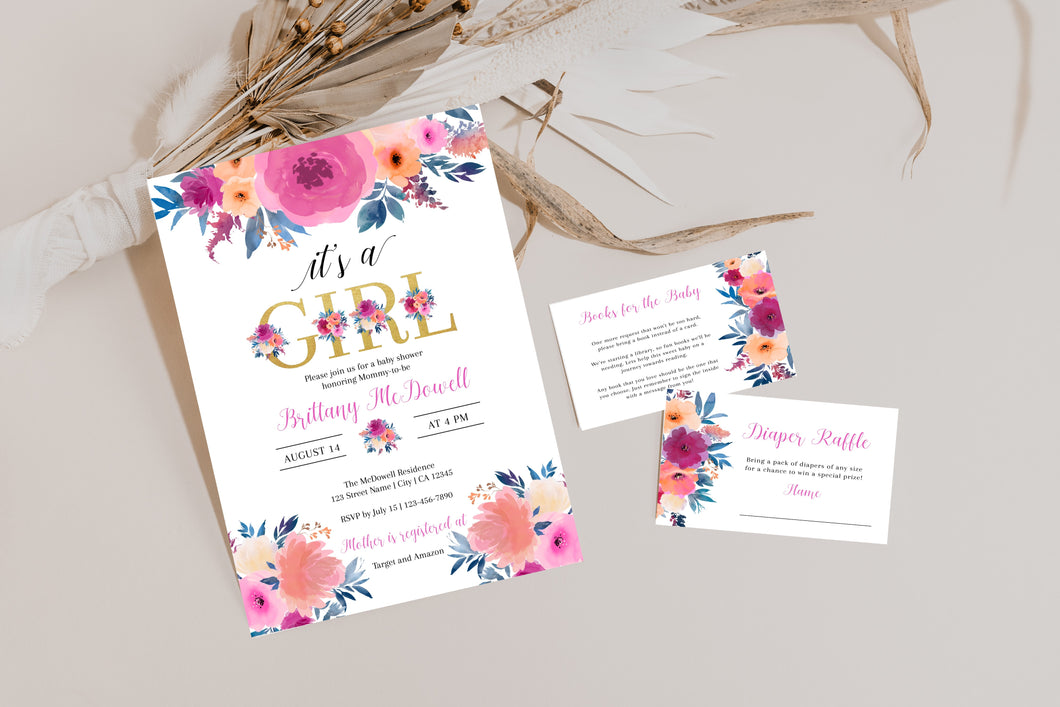 Hoppy Pink & Gold Floral It's A Girl Baby Shower Invitation