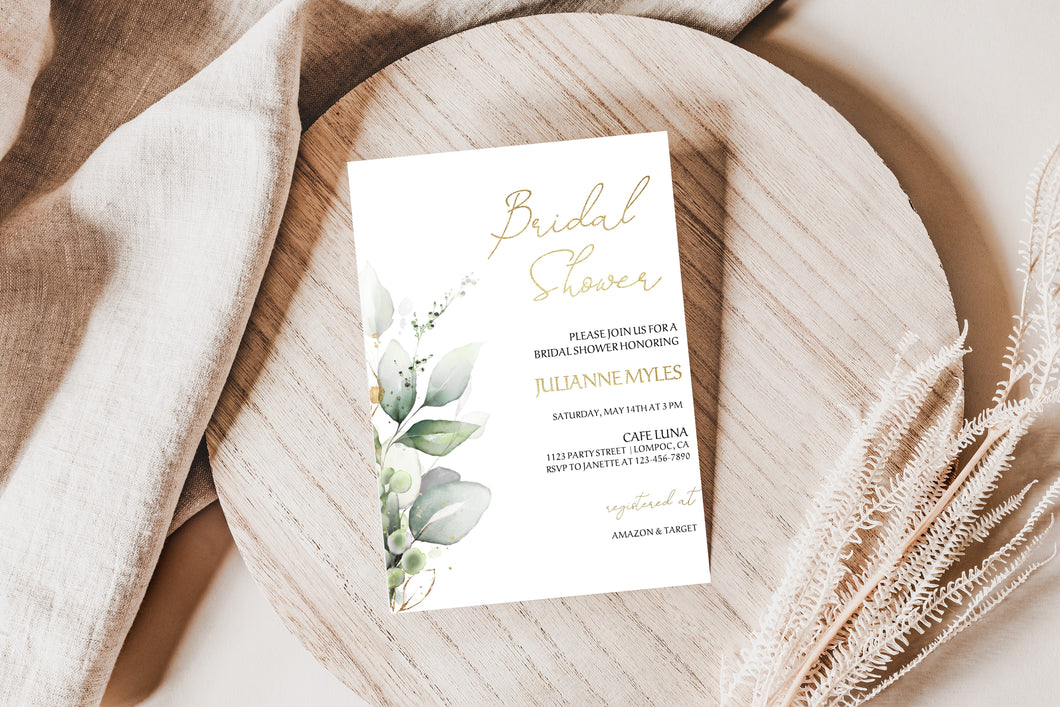 Simple Golden Green Eucalyptus Bridal Shower Invitation