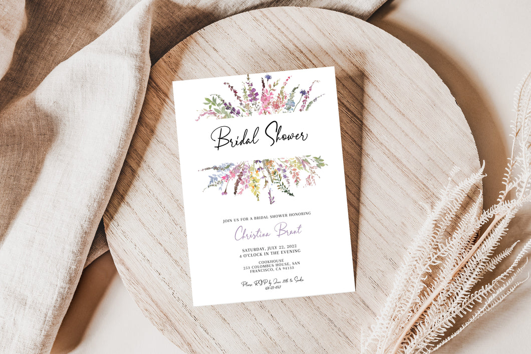 Pink Spring Wildflowers Bridal Shower Invitation Printed