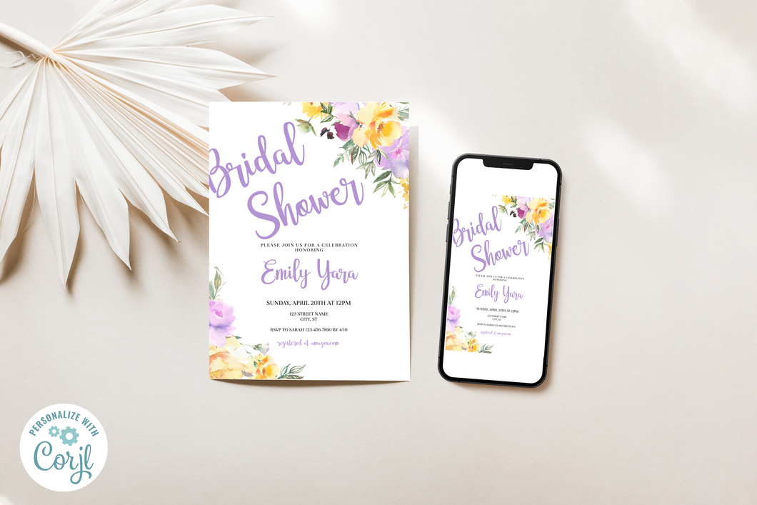 Floral Purple Lavender and Yellow Bridal Shower Invitation Editable Template, Instant Download