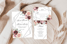 Load image into Gallery viewer, Burgundy &amp; Blush Roses with Silver Geometric Wedding Invitation Suite Editable Template or Printed
