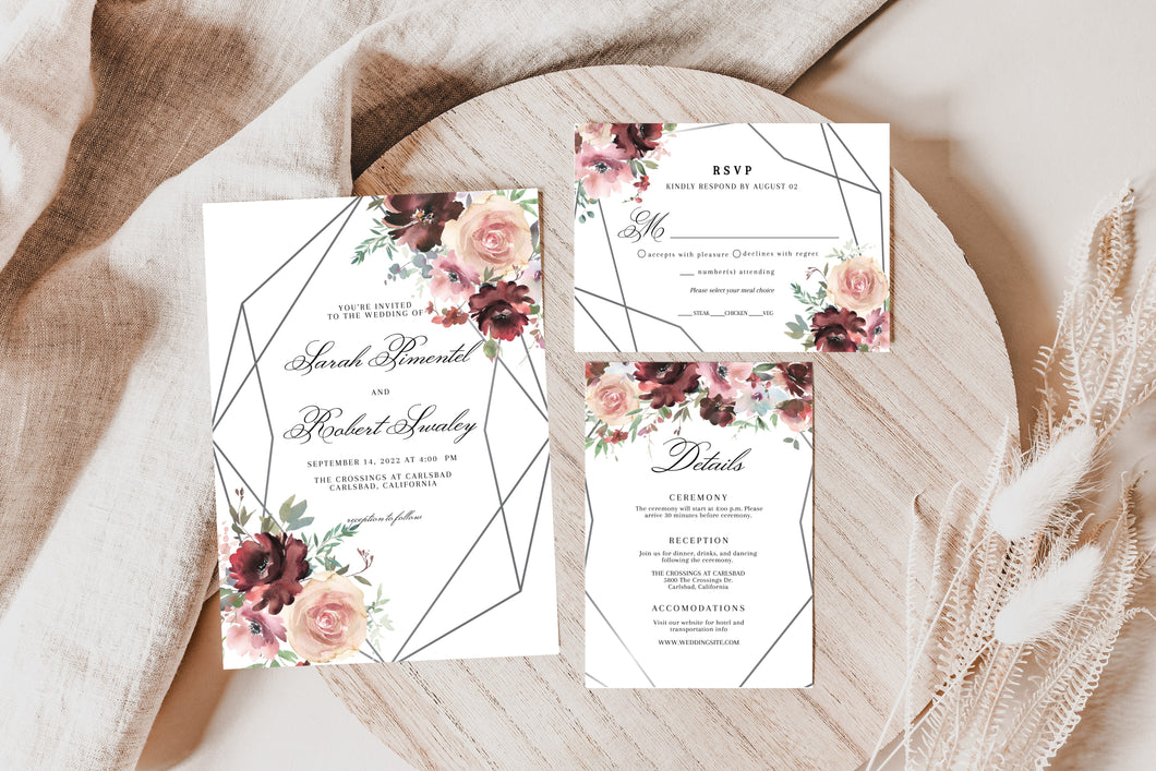 Burgundy & Blush Roses with Silver Geometric Wedding Invitation Suite Editable Template or Printed