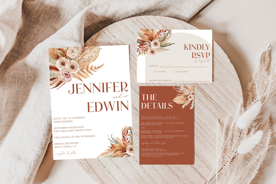 Boho Terracotta Floral Modern Brown Tan Neutral Wedding Invitation Suite Editable Template or Printed