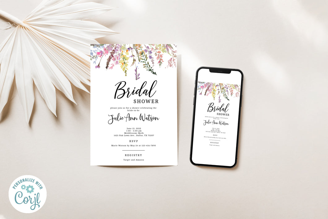 Calming Whimsical Spring Wildflowers Bridal Shower Invitation Editable Template, Instant Download