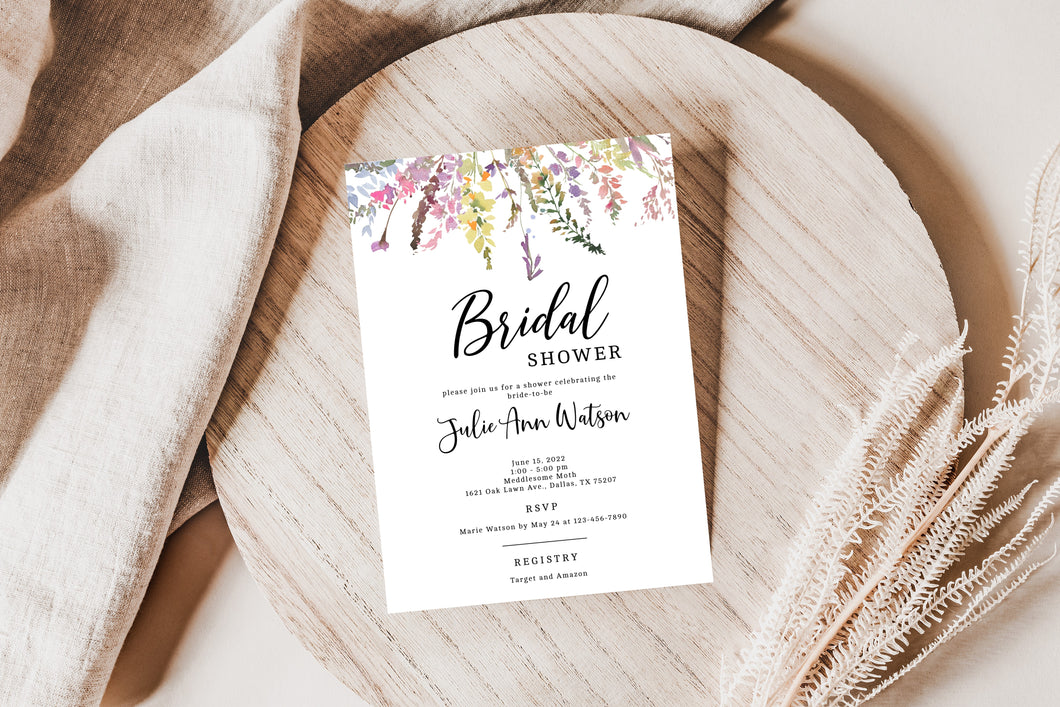 Calming Whimsical Spring Wildflowers Bridal Shower Invitation Print with Envelope