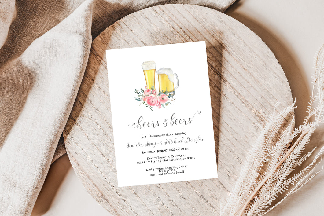 Simple Cheers and Beers Couples Shower Invitation Print with Envelope