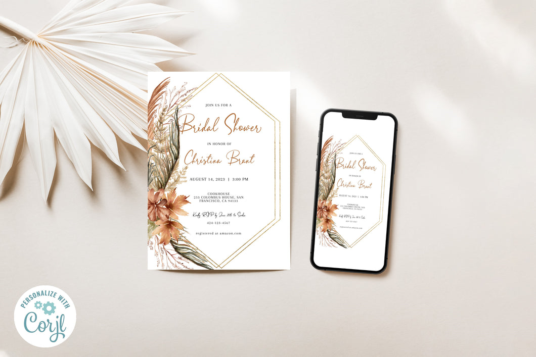 Desert Boho Terracotta Pampas Bridal Shower Invitation Editable Template, Instant Download