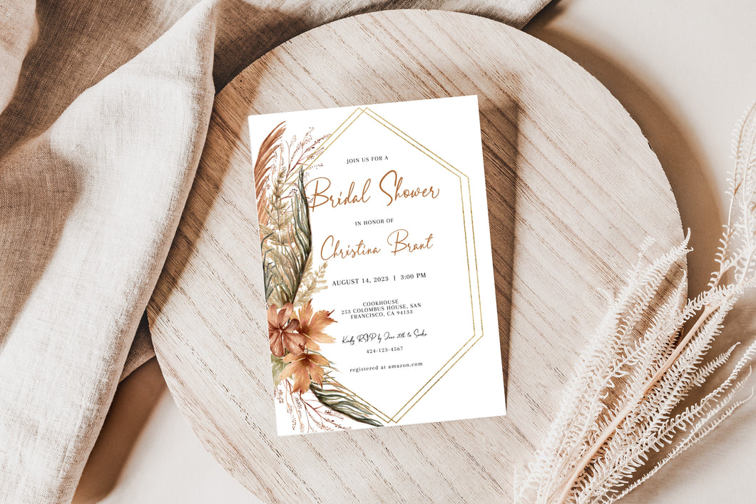 Desert Boho Terracotta Pampas Bridal Shower Invitation Print with Envelope