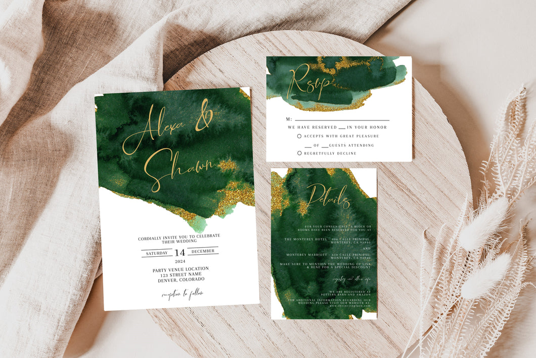 Emerald Green Watercolor Paint & Gold Flakes Wedding Invitation Suite Editable Template or Printed