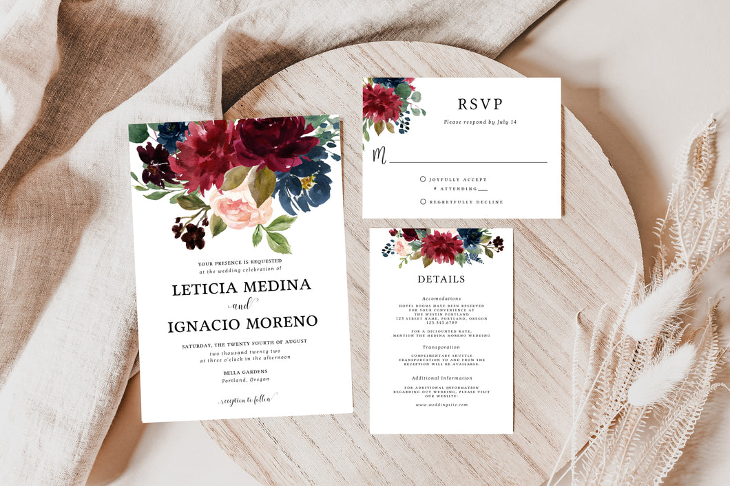 Enchanted Too Burgundy & Navy Blue Wedding Invitation Suite