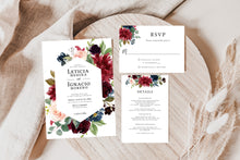 Load image into Gallery viewer, Enchanted Burgundy &amp; Navy Blue Floral Frame Invitation Suite
