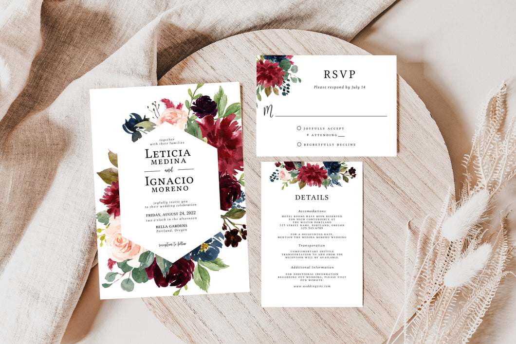 Enchanted Burgundy & Navy Blue Floral Frame Invitation Suite