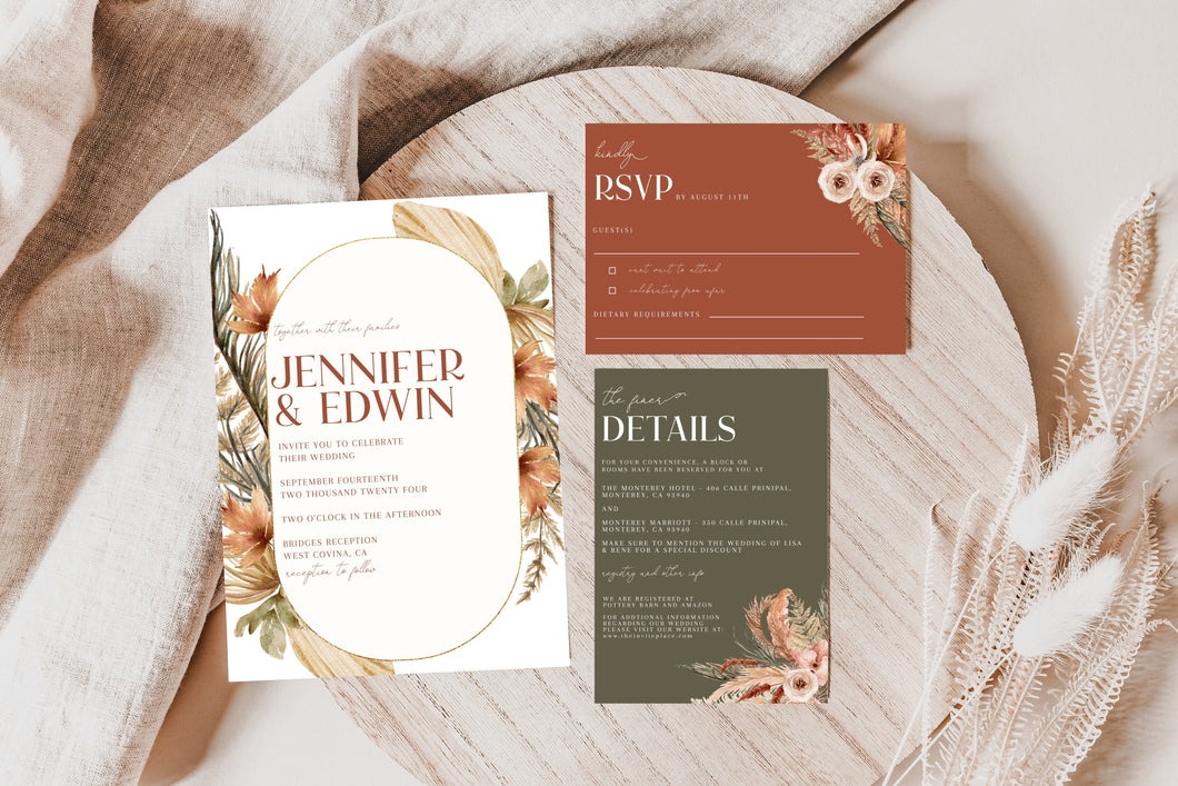 Falling In Love Neutral Boho Terracotta and Green Pampas Wedding Invitation Suite