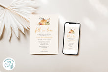 Load image into Gallery viewer, Simple Autumn Fall in Love Neutral Orange Pumpkins Bridal Shower Invitation Editable Template, Instant Download
