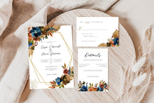 Load image into Gallery viewer, Autumn Rise Orange &amp; Navy Blue with Gold Geometrical Frame Wedding Invitation Suite
