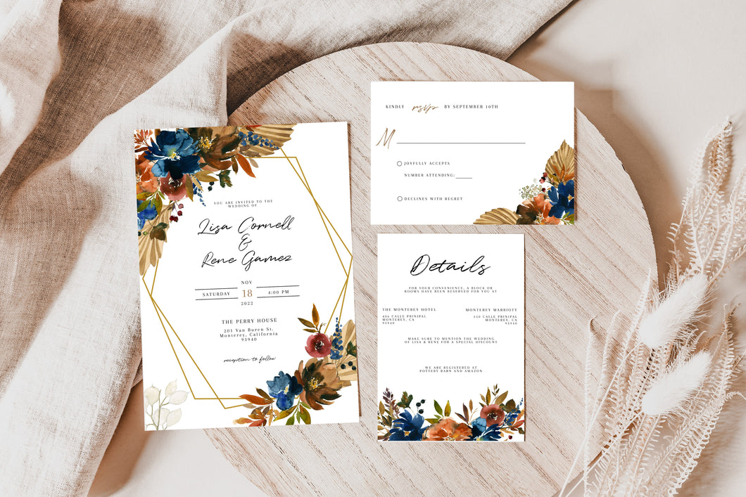 Autumn Rise Orange & Navy Blue with Gold Geometrical Frame Wedding Invitation Suite