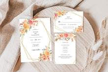 Load image into Gallery viewer, Summer Sunset Yellow, Peach, and Coral Flowers with Gold Geometric Frame Wedding Invitation Suite
