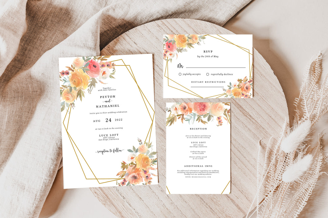 Summer Sunset Yellow, Peach, and Coral Flowers with Gold Geometric Frame Wedding Invitation Suite