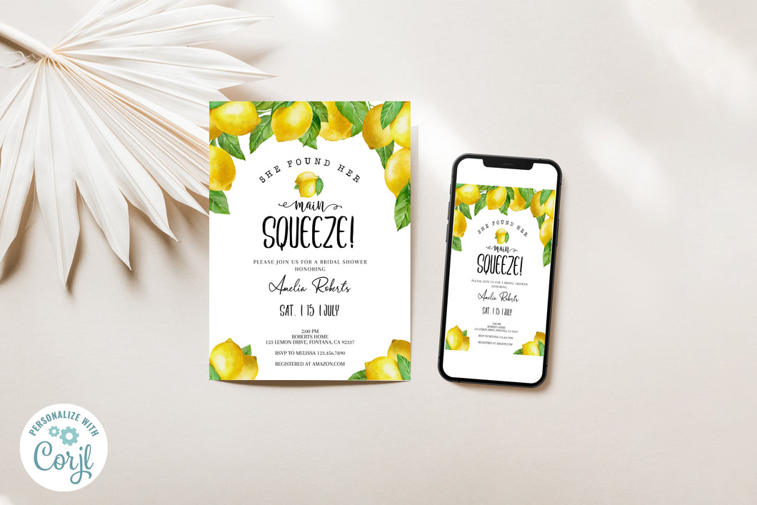 Main Squeeze Citrus Lemons Bridal Shower Invitation Editable Template, Instant Download