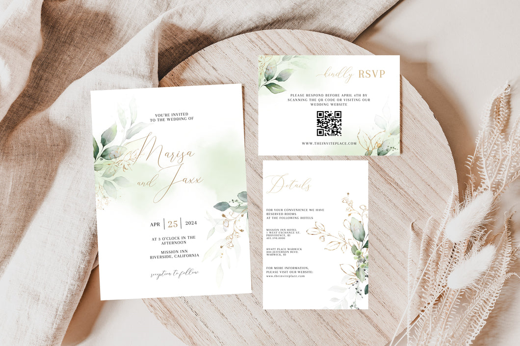 Minimalist Green Eucalyptus & Gold Leaves Wedding Invitation Suite