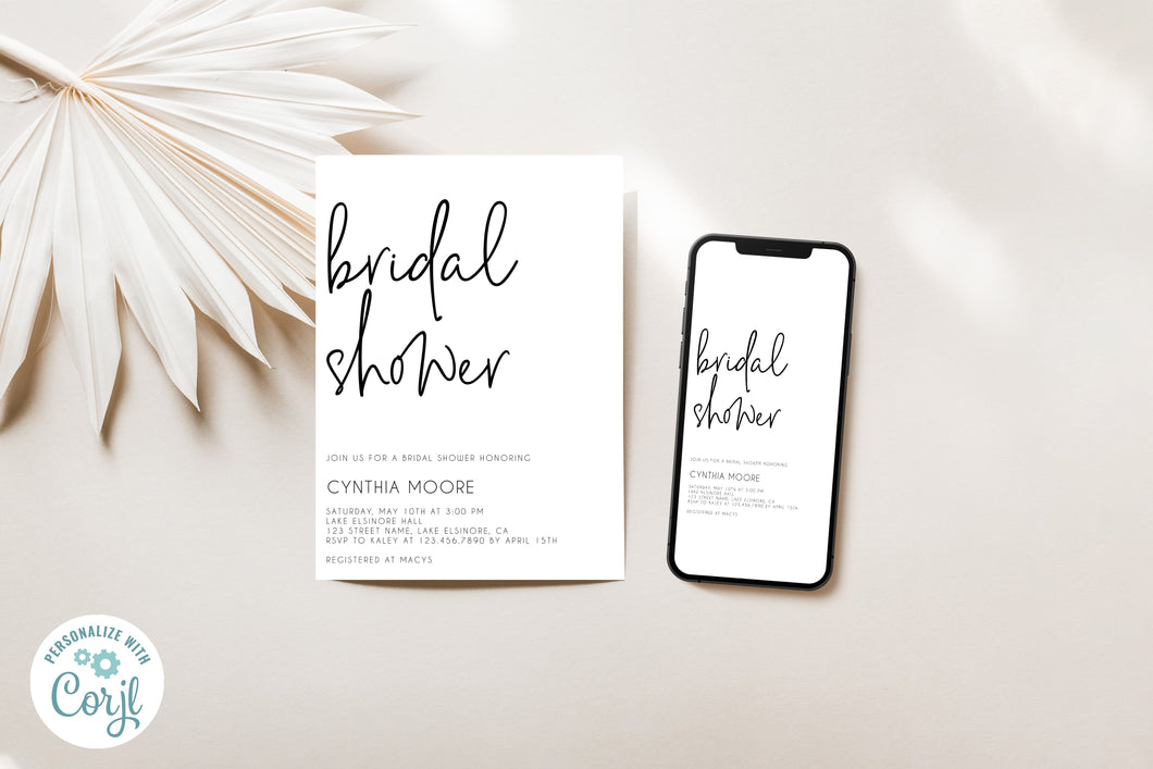 Modern & Simple Cursive Neutral Bridal Shower Invitation Editable Template, Instant Download