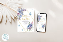 Load image into Gallery viewer, Mauve &amp; Blue Butterflies with Gold Diamond Frame Bridal Shower Digital Invitation
