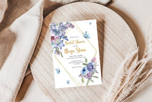 Load image into Gallery viewer, Mauve Purple Lavender &amp; Blue Butterflies with Gold Diamond Frame Bridal Shower Invitation Printed
