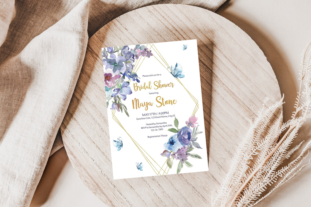 Mauve Purple Lavender & Blue Butterflies with Gold Diamond Frame Bridal Shower Invitation Printed