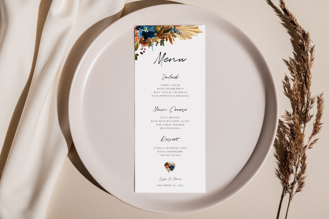 Autumn Rising Autumn Rise Orange & Navy Blue with Gold Geometrical Frame Wedding Menu Custom