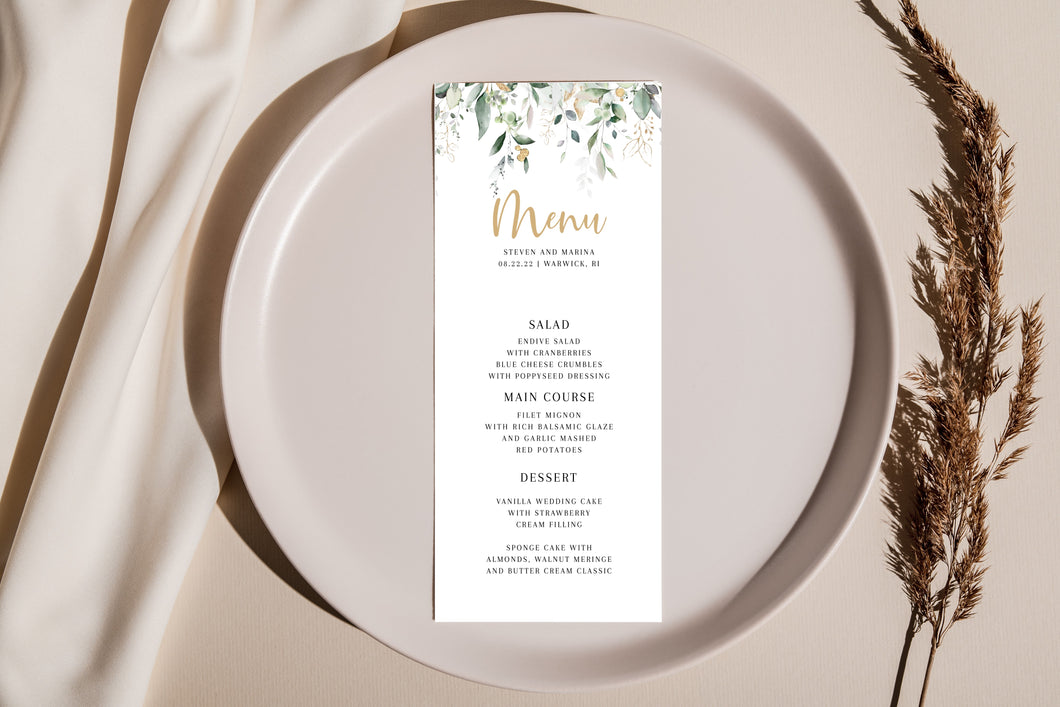 Golden Eucalyptus Leaves Wedding Menu