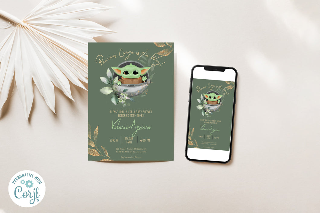 Precious Cargo is on the Way Baby Yoda Eucalyptus Green Baby Shower Invitation Editable Template, Instant Download or Printed