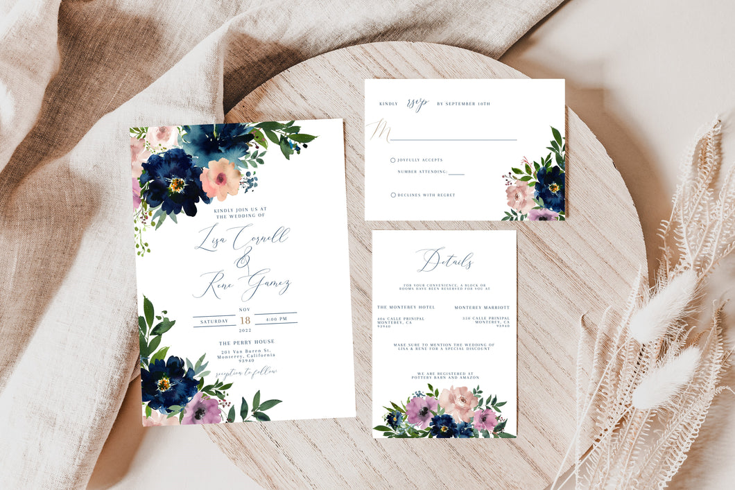 Navy Blue Moon Navy Blue & Purple Greenery Wedding Invitation Suite Editable Template or Printed