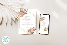 Load image into Gallery viewer, Blushing Pink &amp; Gold Geometrical Bridal Shower Invitation Editable Template, Instant Template
