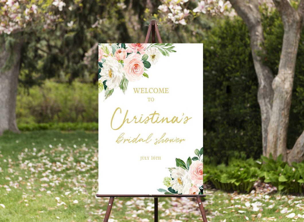 Blushing Pink Floral & Gold Spring Bridal Shower Poster Editable Template, Instant Download