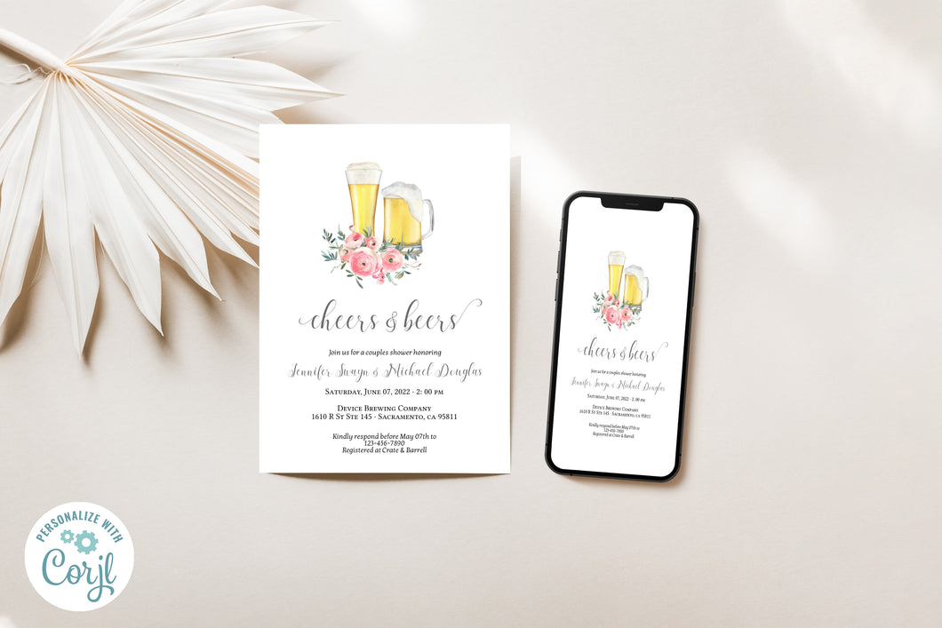 Simple Cheers and Beers Couples Shower Invitation Editable Template, Instant Download