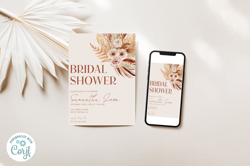 Boho Terracotta Floral Bridal Shower Invitation Editable Template, Instant Download