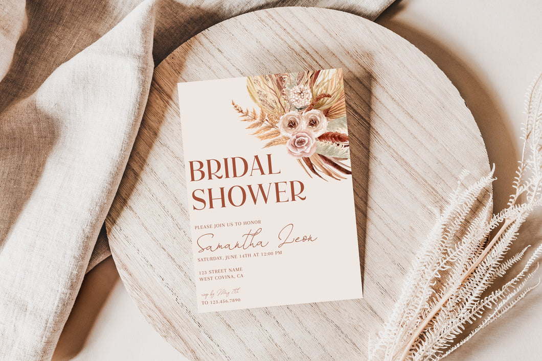 Boho Terracotta Floral Bridal Shower Invitation Print with Envelope