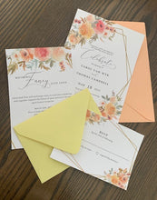 Load image into Gallery viewer, Summer Sunset Yellow, Peach, and Coral Flowers with Gold Geometric Frame Wedding Invitation Suite
