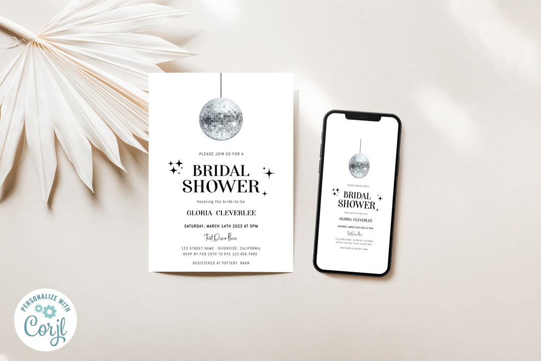 Simple Silver Disco Ball Bridal Shower Invitation Template