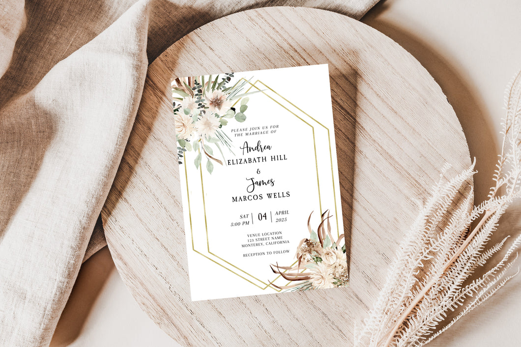 Printed Dry Leaves White Floral Geometrical Wedding Invitation