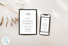 Load image into Gallery viewer, Elegant Black and White Monogram Framed Wedding Invitation Editable Template, Instant Download
