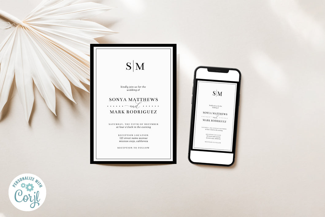 Elegant Black and White Monogram Framed Wedding Invitation Editable Template, Instant Download