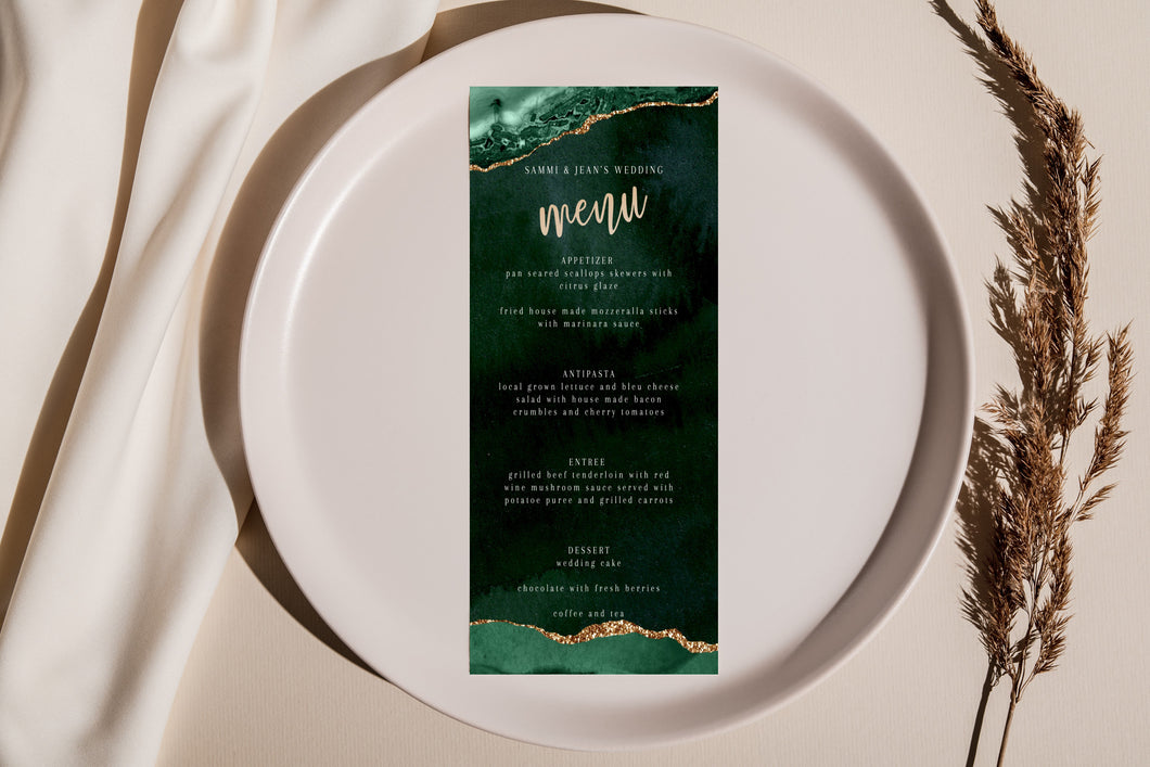 Emerald Green & Gold Agate Wedding Menu