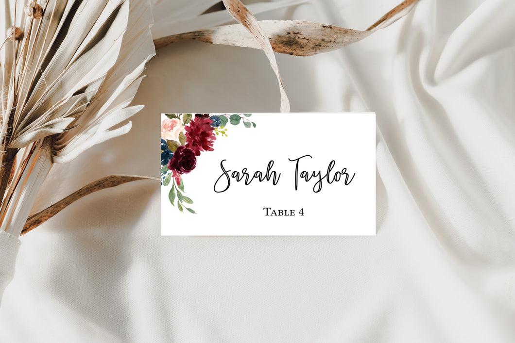 Enchanted Burgundy and Navy Blue Floral Place Card