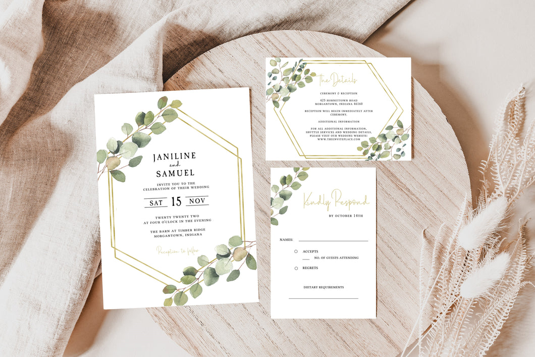 Gold Framed Green Eucalyptus Wedding Invitation Suite