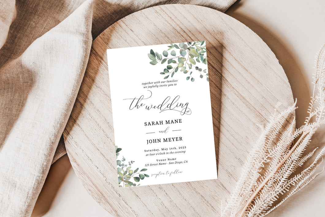 Printed Green Eucalyptus Leaves Simple Cursive Wedding Invitation