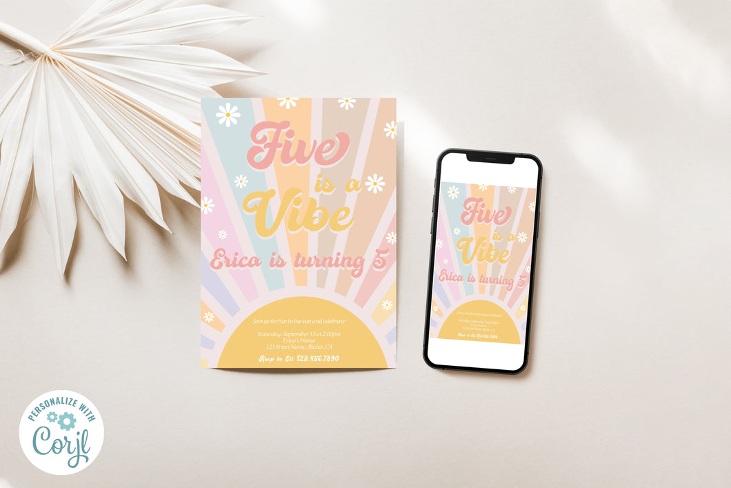 Groovy Daisy Five is a Vibe Hippie Vibe 70s Retro Birthday Invitation Editable Template, Instant Download