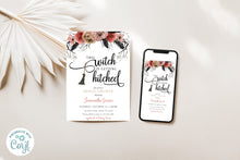 Load image into Gallery viewer, Halloween Hitched Witch Floral Bridal Shower Invitation Editable Template, Instant Download
