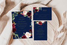 Load image into Gallery viewer, Midnight Lake Navy Blue &amp; Burgundy Floral Wedding Invitation Suite Editable Template or Printed
