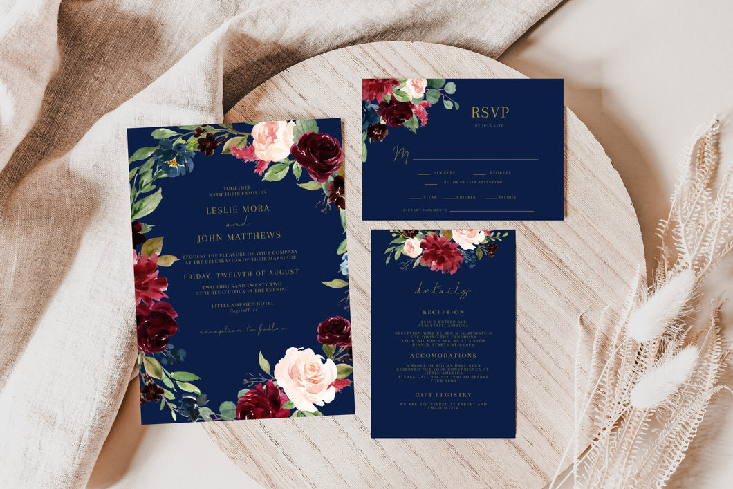 Midnight Lake Navy Blue & Burgundy Floral Wedding Invitation Suite Editable Template or Printed